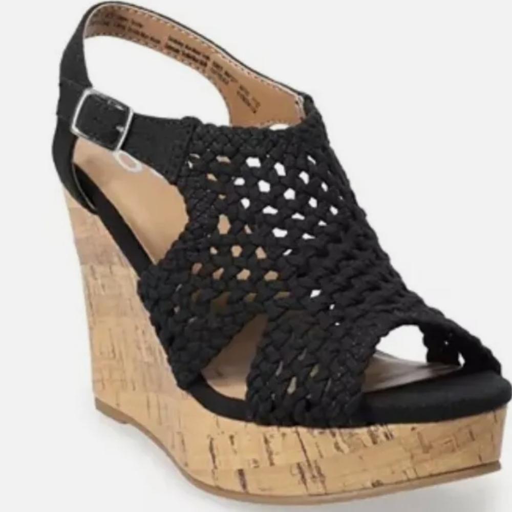 SO Black Woven Wedge Sandals with Cork Heel